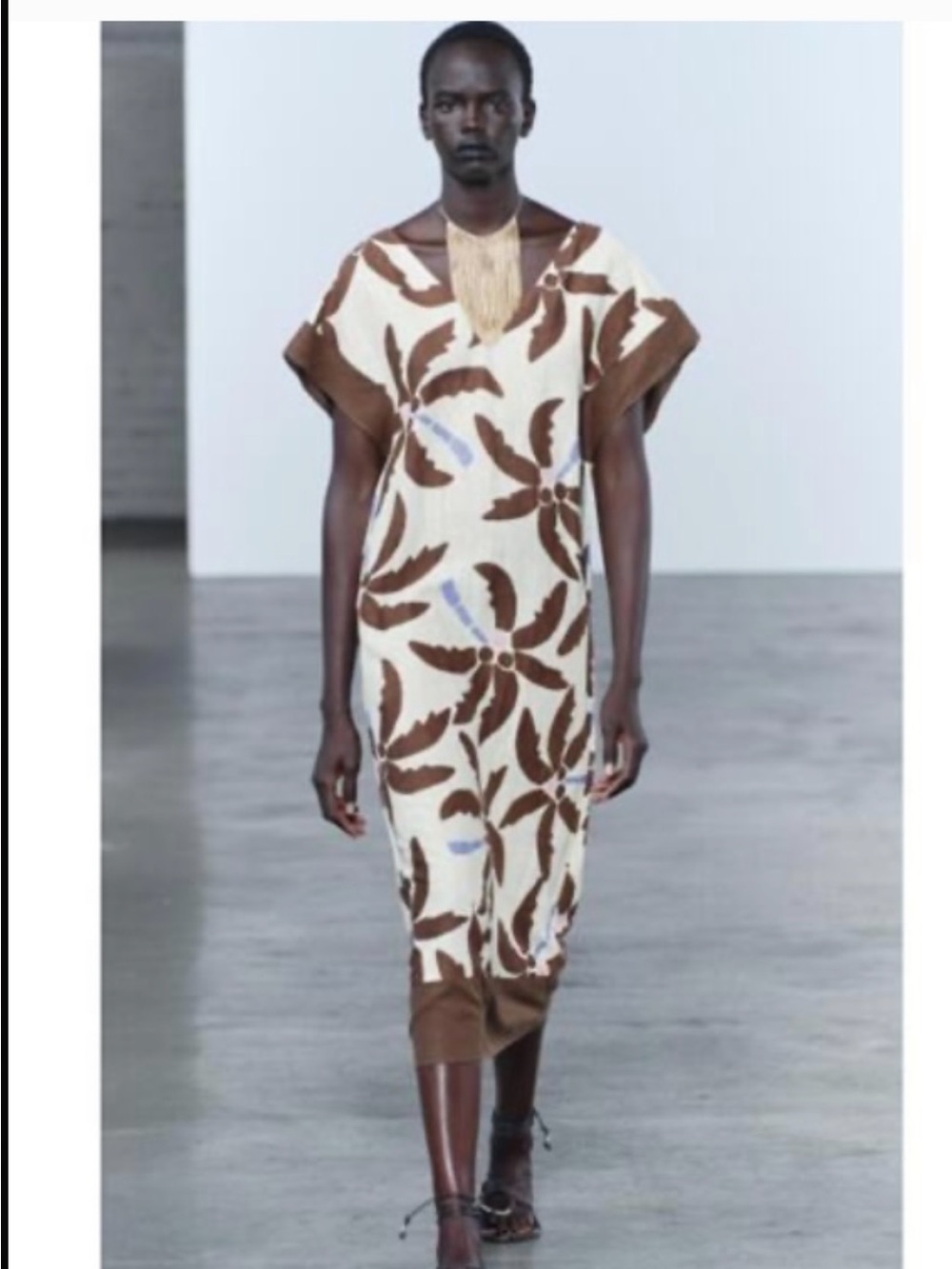 Zara Palm Trees Print Linen-Blend Midi Dress in Brown and Cream